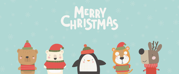 Christmas card with Cute animals. Hand drawn characters. Greeting card Vector illustration