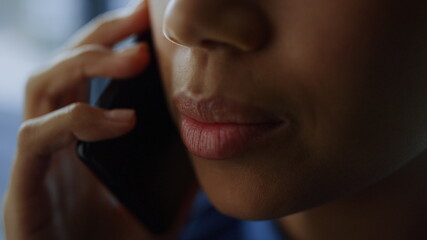 African business woman face closeup. Businesswoman calling phone
