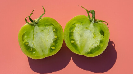 half unripe green tomato on pink background, isolated