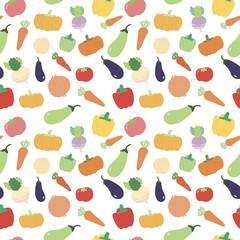 Vegetables pattern: onion, radish, tomato, pumpkin, carrot, pepper, eggplant on white isolated background.