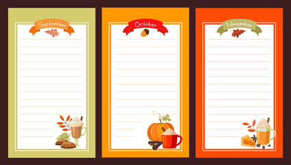 Paper for notes. Three months of autumn with pumpkin and latte coffee. Vector, isolated.