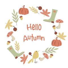Vector round frame of autumn elements umbrella, boots, mushroom, bird, oak leave, pumpkin, acorn, isolated on white background for cute postcard, logo, invitations, greeting cards