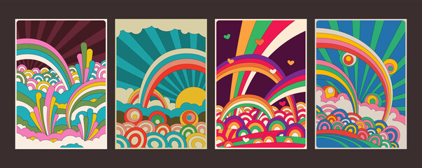 Psychedelic Art Illustrations, Vector Templates for Colorful Posters, Covers. Hippie Art Style Rainbows, Clouds, Flowers