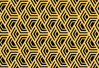 Abstract geometric pattern with stripes, lines. Seamless vector background. Gold and black ornament. Simple lattice graphic design