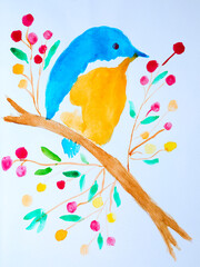 Watercolor colorful tiny cute bird standing alone on treee with flower. Art brush animal creative wallpaper on white background