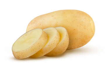 Isolated young fresh potatoes. One whole raw potato and pieces isolated on white background. High quality and detail