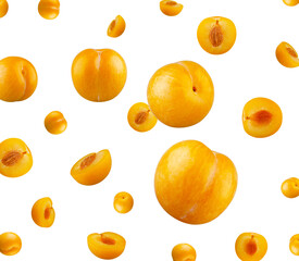 Perfectly retouched whole yellow plums fly in space isolated on white background.