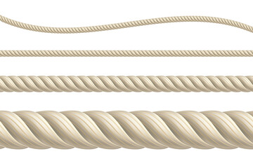 Vector ropes illustration EPS10. Isolated realistic brown ropes set. Thick, thin, straight and wavy cord