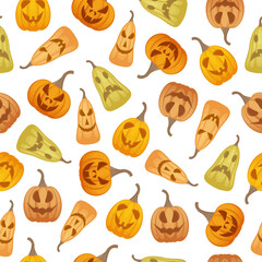 Bright seamless pattern with the image of jack-o ' - lanterns. A pattern with Halloween symbols. Pattern for a print with pumpkins. Vector illustration