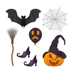 A festive set with Halloween symbols, such as a pumpkin lantern in a witch s hat, a witch s broom, witch boots, a bat, a spider web , as well as balloons with creepy smiles. Vector illustration