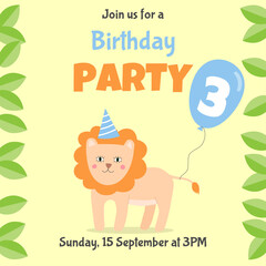 Birthday invitation card with cute lion and blue balloon. Tree year birthday party.