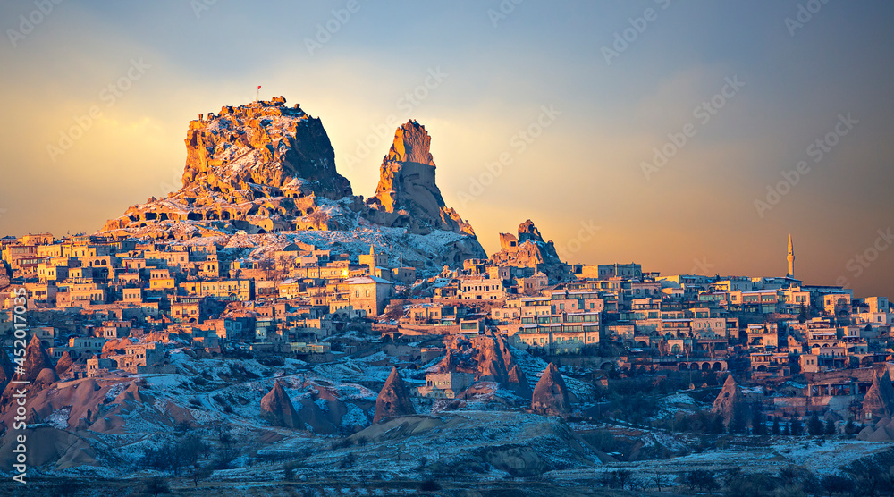 Canvas Prints Town of Uchisar at the sunrise, Cappadocia, Turkey