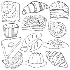 Collection of hand drawn delicious breakfast set menu. Vector illustration in doodle art style on white background