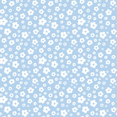 Ditsy Floral seamless pattern. Small white meadow flowers on sky blue background. Vintage Millefleur tiny wildflower motif. Vector texture for fashion, nursery print, textile, fabric, wrap, gift paper