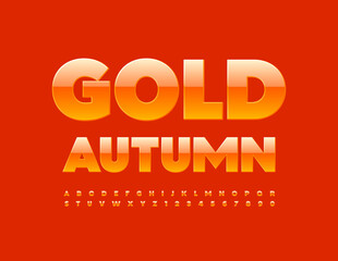 Vector bright card Happy Autumn. Orange shiny Font. Stylish Alphabet Letters and Numbers set