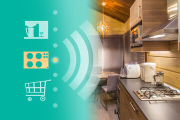Smart home. Kitchen and shortcuts to control the home automation system. Remote control of household appliances. Internet of smart things.