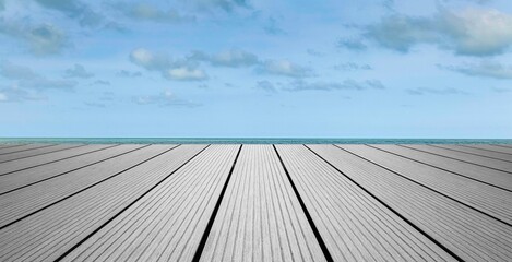 Panorama of Wood perspective on sea image background. Empty top of wooden table. wood table top on blurred blue sea