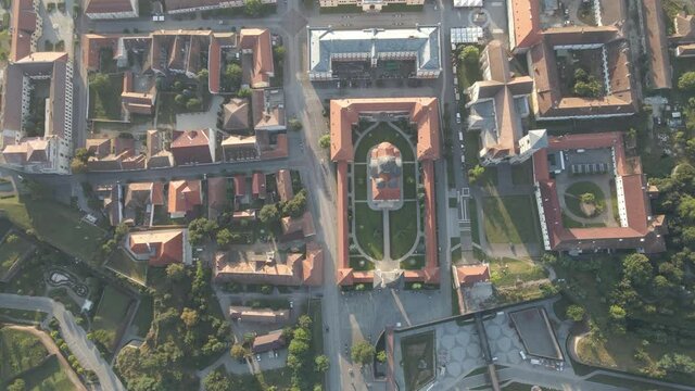 Reunification Cathedral, Stately Romanian Orthodox cathedral, Alba Iulia, Old Town of Karlsburg, Transylvania, Romania. Directly above aerial view