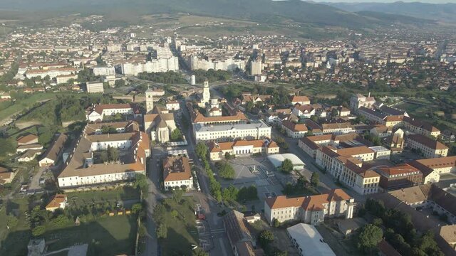 Alba Iulia Cityscape towards Parc Cetate. Luxurious buildings with green vegetation. Panoramic aerial view