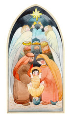 Christmas watercolor illustration of the Nativity scene: the newborn Jesus Christ, the Blessed Virgin Mary, Joseph, the three Wise men, angels and the star of Bethlehem.
