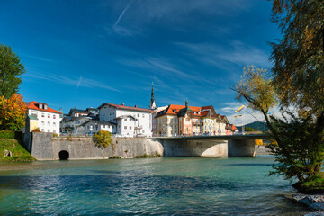 Naklejka na ściany i meble Bad Tolz - picturesque resort town in Bavaria, Germany in autumn and Isar river