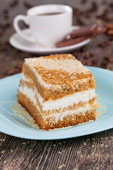 dessert with lots of calories, delicious cake cut into pieces