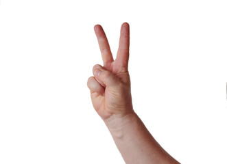 Man hand with V-shaped fingers on white background