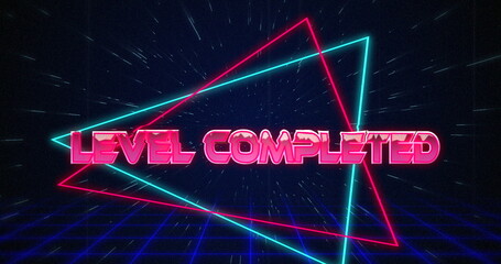 Retro Level Completed text glitching over blue and red triangles on white hyperspace effect