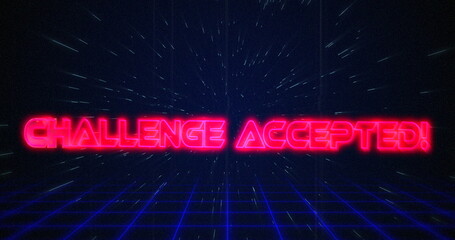 Retro Challenge accepted text glitching over blue and red triangles on white hyperspace effect