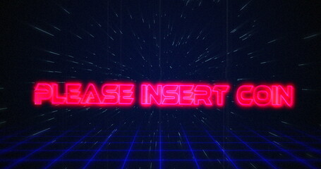 Retro Please Insert Coin text glitching over blue and red squares on white hyperspace effect