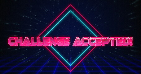 Retro Challenge accepted text glitching over blue and red squares on white hyperspace effect