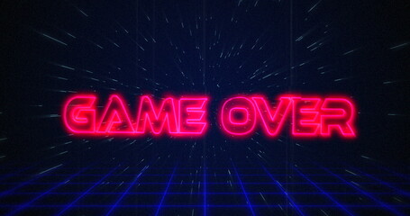 Retro Game over text glitching over blue and red triangles 4k