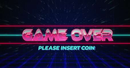 Retro Game over text glitching over blue and red lines on white hyperspace effect