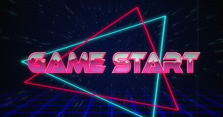 Retro Game Start text glitching over blue and red triangles on white hyperspace effect