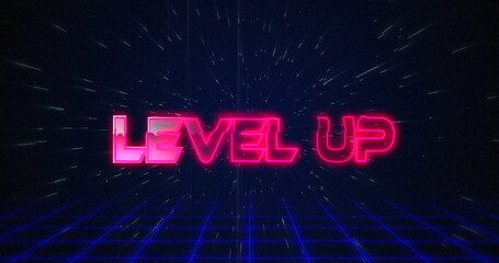Retro Level Up text glitching over blue and red squares on white hyperspace effect