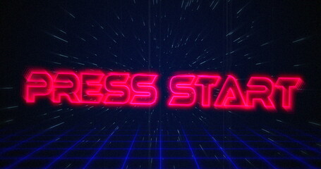 Retro Press Start text glitching over blue and red lines on white hyperspace effect