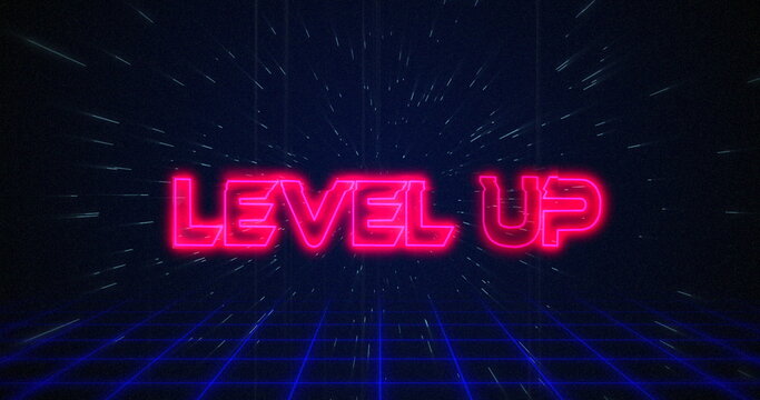 Retro Level Up text glitching over blue and red triangles on white hyperspace effect