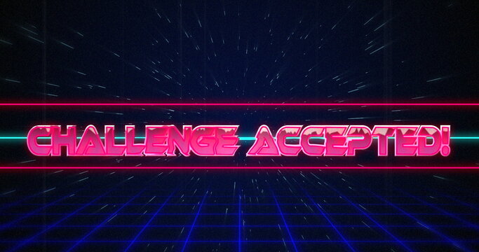 Retro Challenge accepted text glitching over blue and red lines on white hyperspace effect