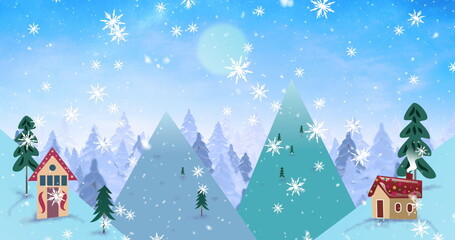 Image of silhouette of winter christmas scenery with snow falling and full moon seen