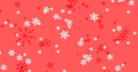 Image of winter scenery with snowflakes falling on red background