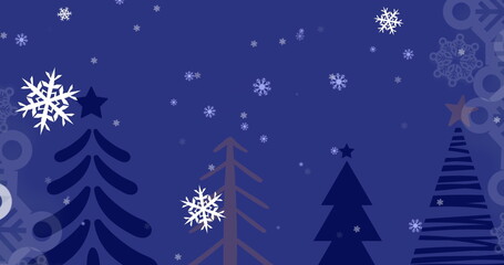 Fototapeta na wymiar Digital image of snowflakes falling over multiple trees against blue background