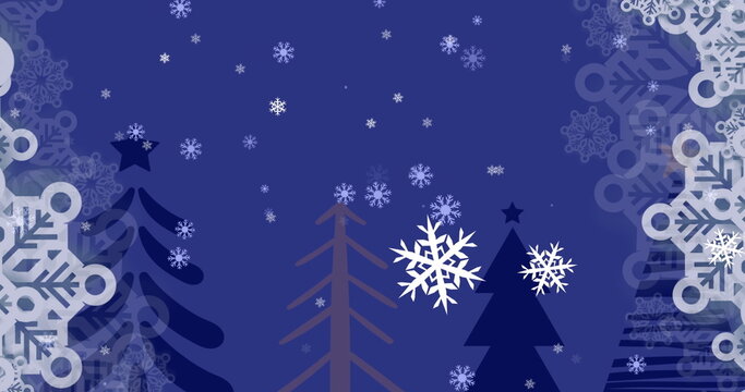 Digital image of snowflakes falling over multiple trees against blue background