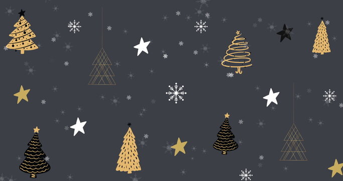 Image of christmas trees and stars decorations hanging with snow falling on grey background