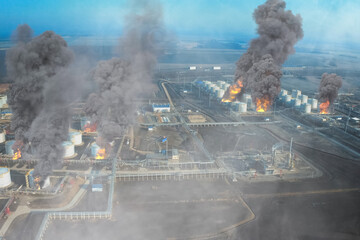 Collage. Fire at refinery. Flames and smoke of fire.