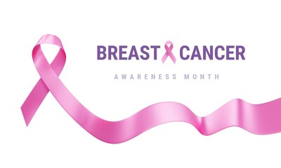 Pink Breast Cancer Awareness Realistic Ribbon with wave curl and text on Pink Color Background. 3d Illustration of Symbol of Breast Cancer Awareness Month Campaign