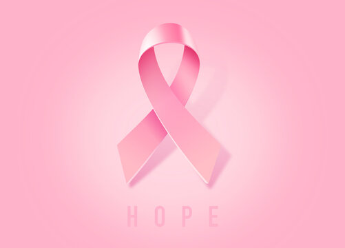 3d illustration of Classsic Breast Cancer Awareness Realistic Ribbon with Loop on Pink Color Background with Word Hope. Symbol of Breast Cancer Awareness Month Campaign