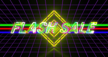 Image of flash sale text in yellow letters over glowing yellow neon diamond and grid