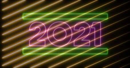 Image of 2021 in pink neon letters with moving gold diagonal lines on black background