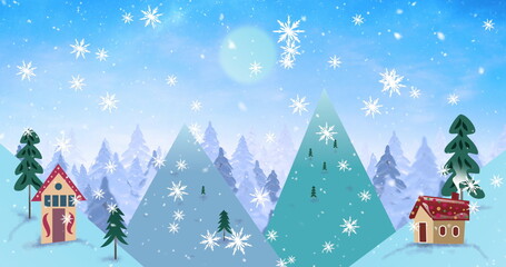 Image of christmas decoration of fir tree branches and winter christmas scenery with snow