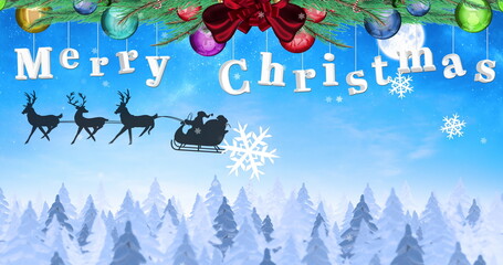 Image of merry christmas text with decorations and black silhouette of santa claus in sleigh
